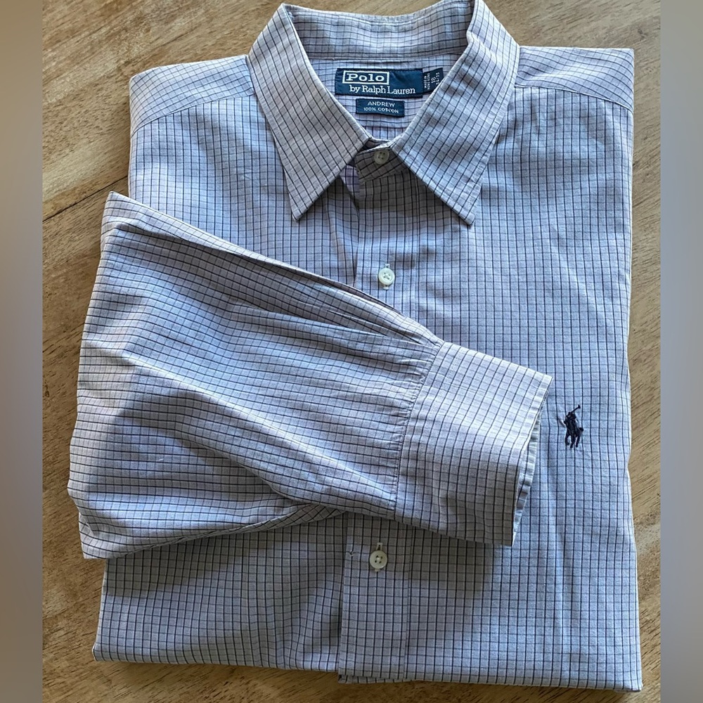 Polo by Ralph Lauren‎ Men’s 18 34/35 Andrew Lt Gray Cotton Box Check Button Down